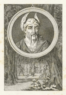 Medal with portrait of Brinno, print, Head of Brinno in medal. In the background a forest with