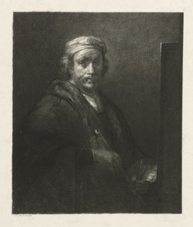 Portrait of Rembrandt van Rijn, print, Portrait of Rembrandt van Rijn standing before his easel.