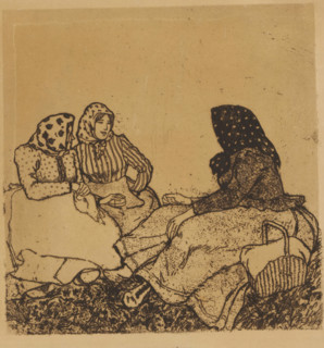 Three women in the grass, Am Sonntag (Böhmen), print, name: 'Orlik', printmaker: Emil Orlik, 1880 -