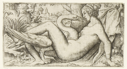 Leda and the swan, print, number: '108', printmaker, after print by, Bavaria, Nuremberg, Virgilius