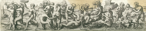 Bacchanal with satyrs and vomiting figures, Three friezes with bacchanals, print, number: '23',