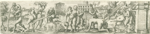 Bacchanal with vomiting satyrs, Three friezes with bacchanals, print, number: '23', printmaker: