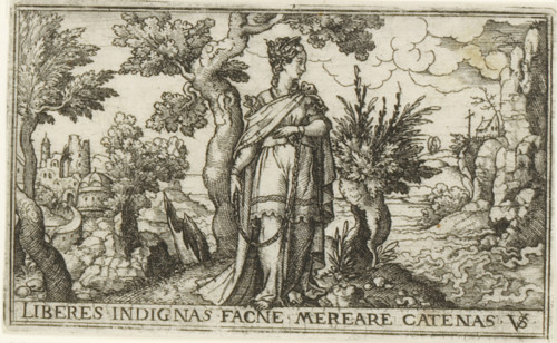 Imprisonment, Female allegories in landscapes, print, number: '72', printmaker: Virgilius Solis,