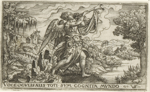 Fama, Female allegories in landscapes, print, number: '72', printmaker: Virgilius Solis, Nuremberg,