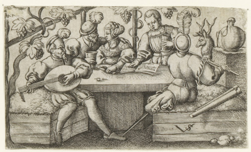 Four men and a woman drinking and playing music, Scenes with drinking figures, print, number: