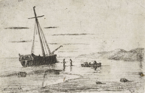 Ship off the coast, print, printmaker: Jan Heppener, The Hague, 1855, paper, etching, etching on