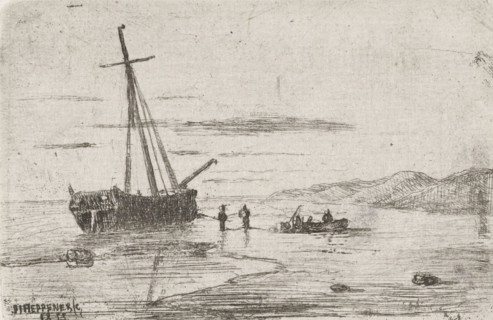 Ship off the coast, print, printmaker: Jan Heppener, The Hague, 1855, paper, chine collé, etching,