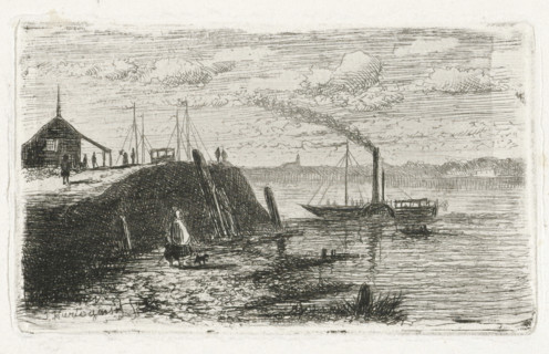 Area of Zaltbommel, with steamboat (former title), River view with a steamboat, print, printmaker: