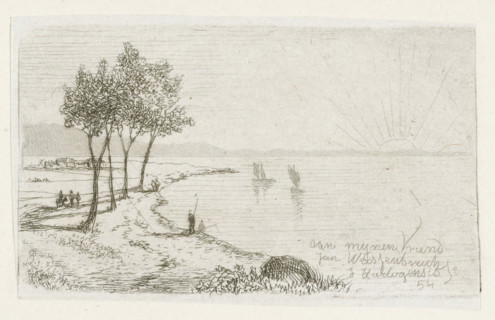 River landscape with rising sun, print, printmaker: Joseph Hartogensis, The Hague, dedicated to: