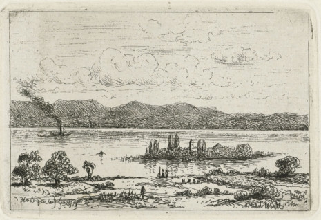 Steamship at a river island, Wörth, print, printmaker: Joseph Hartogensis, unknown, 1850 - 1859,