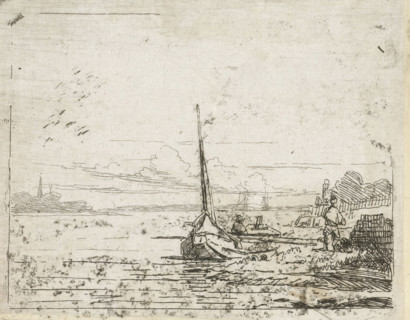 Ship at a bank, print, printmaker: Lambertus Hardenberg (1822-1900), The Hague, c. 1837 - 1900,