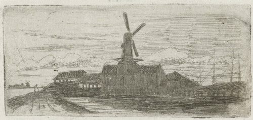Complex with mill on a river, print, Complex with a windmill, on a dike, with a beginning for a