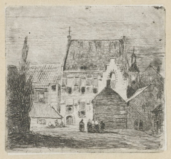 Cityscape with women conversing, print, printmaker: Lambertus Hardenberg (1822-1900), The Hague, c.