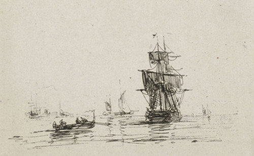 Navy with sailing ship, print, printmaker: Maurits Frederik Hendrik de Haas, Rotterdam, 1854 -