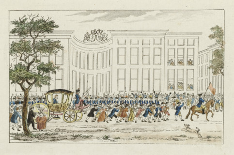 Welcoming the Prince of Orange, 1787, print, Welcome of the Prince of Orange by the citizenry in