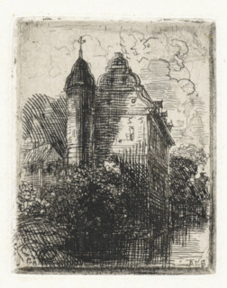 Graesbroeck, Castle with round tower, print, printmaker: Alexander Schaepkens, 1830 - 1899, paper,