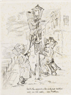 Three men by a gas lantern, cartoon, print, A gas lantern stands by a building with three men in