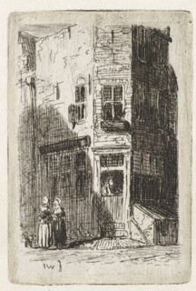 View of a corner house in Leiden, print, Two women stand in front of a corner house., printmaker: