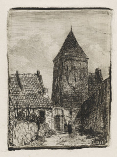Square tower in Culemborg, print, On the right stands a square tower partly behind a house. Another