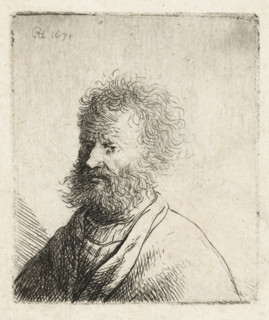 Man with square beard and curly hair: bust, print, Old man with a beard and curly hair.,