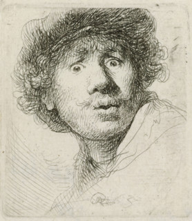 Self-portrait in a Cap, Wide-eyed and Open-mouthed, print, monogram and date: 'RHL 1630',