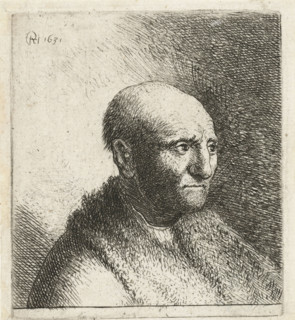 Bald man in a fur cloak: bust, print, A man with a bald head and a coat with a fur collar.,