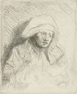 Sick woman with a large white headdress (Saskia), print, printmaker: Rembrandt van Rijn, c. 1645,
