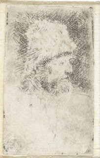 Man with a fur hat, print, Head of a man with a beard and a fur hat on., inscription: 'J:Bu',