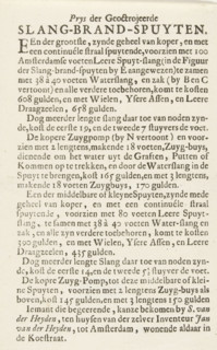 Price list of the hose fire pumps, ca. 1725, Prys der geoctrojeerde Slang-brand-spuyten, text