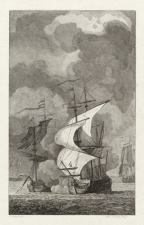 Jarry killed in battle with the English, 1783, print, historical print, The privateer ship 'de