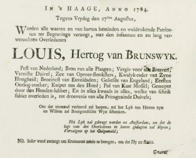 Invitation to the funeral of the Duke of Brunswick, 1784, text sheet, Fictitious invitation to