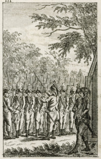 Citizen militia, almanac plate from ca. 1786, print, Exercise by a drill society. Part of a group