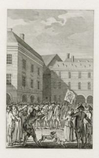 Raising of the guard at the Binnenhof with a shameful banner, 1787, print, historical print, At the