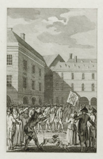 Raising of the guard at the Binnenhof with a shameful banner, 1787, print, historical print, At the