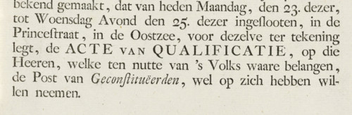 Announcement of the Act of Qualification to the residents of district 46, 1787, text sheet, Slip