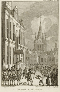 Remotion in Delft, 1787, print, View of the town hall in Delft occupied by patriots demanding the