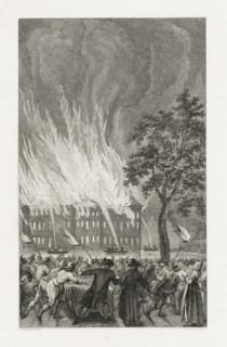 Fire in the National Naval Storehouse in Amsterdam, 1791, print, historical print, Great fire in