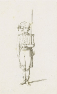 Standing French soldier, French infantry in the Netherlands in 1795, print, A standing French