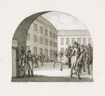 In the barracks for the Gardes d'Honneur, print, View of the courtyard of the barracks for