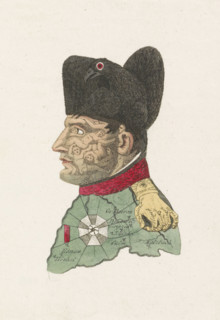Cartoon of Napoleon, 1813, cartoon, print, Caricature of Napoleon from 1813 in which his face is