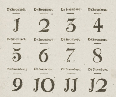 Number card for the Steamboat Game, ca. 1823-1829, text sheet, Text sheet with number card 1-12 for