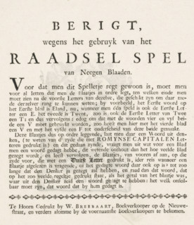 Notice regarding the use of the Nine-Leaf Riddle Game, Riddle game, ca. 1765, text sheet, game,