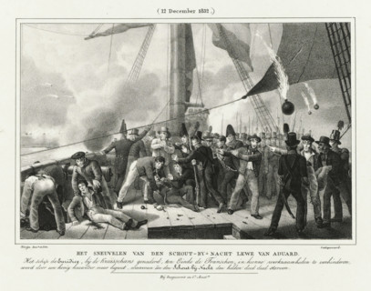 The death of Rear Admiral Lewe van Aduard, (12 December 1832.), Four plates of the defense of the