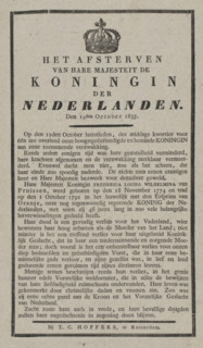 The death of Her Majesty the Queen of the Netherlands. On 12 October 1837, print, text sheet, Text