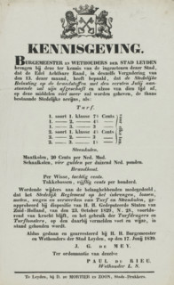 Notice from the City of Leiden, 1839, text sheet, Notice from the City of Leiden regarding the
