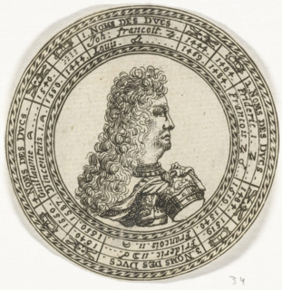 Coin with the portrait of Ferdinand Charles III and the names of the Dukes of Mantua, print, Design