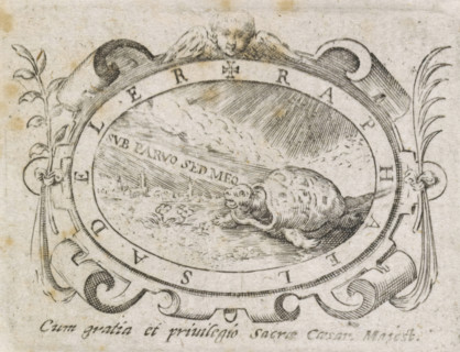Turtle in an oval frame, print, printer's mark, An oval frame with a turtle in a landscape and the