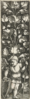 Flat decoration with leaf tendrils, print, ornamental print, At the bottom stands a putto with
