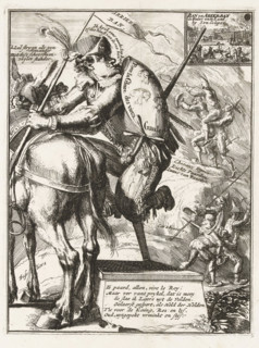 Caricature of the Elector of Bavaria, 1706, The Vervelde Bander-Heer van Beyeren, on stilts, riding