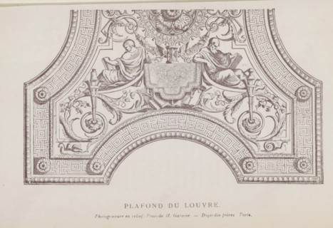 Photo reproduction of a drawing depicting part of the ceiling of the Musée du Louvre in Paris,